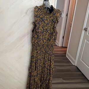 NWOT Lulu's Mustard Floral Smocked Maxi Dress with Purple Accents